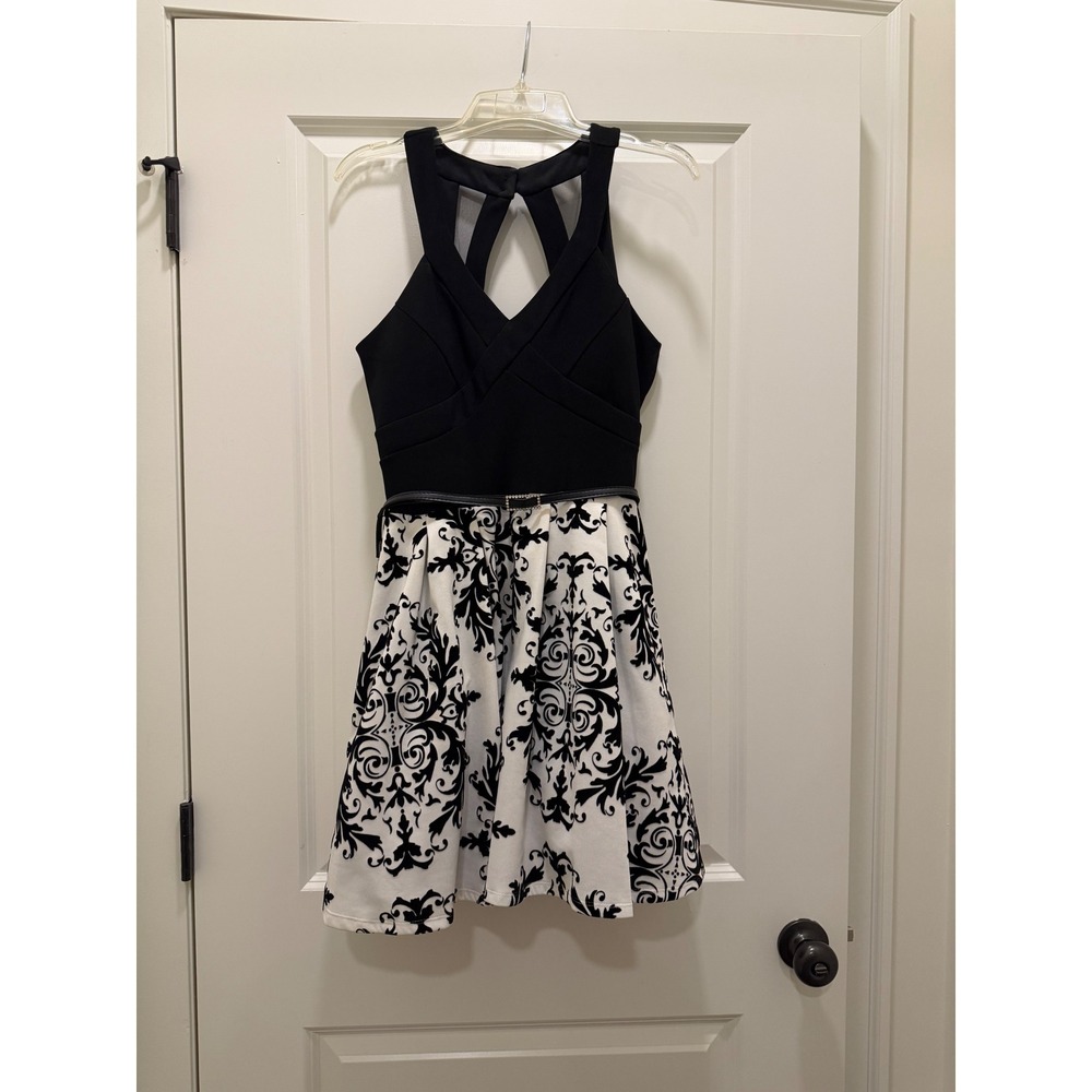 Crystal Doll Black White Damask Halter Dress Cutout Back Rhinestone Belt Size 9